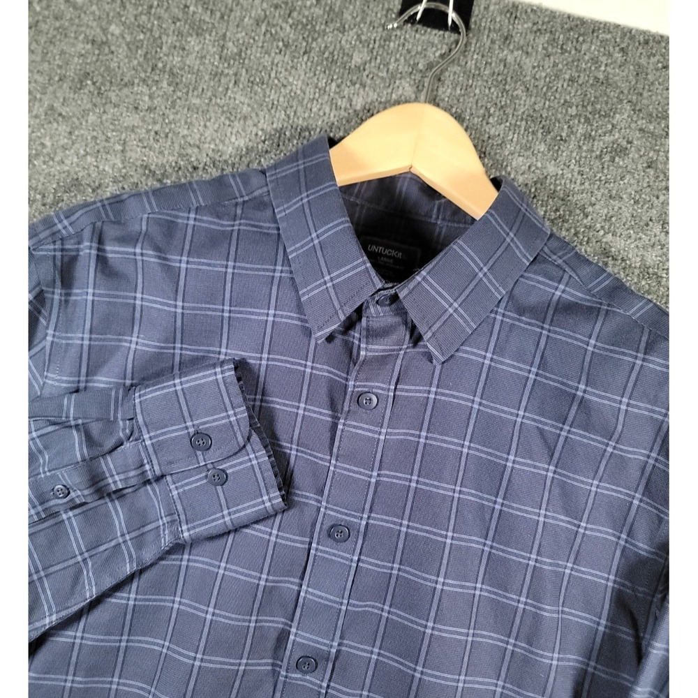 Untuckit Shirt Mens Large Blue Plaid Regular Fit Wrinkle Free Long Sleeve Cotton